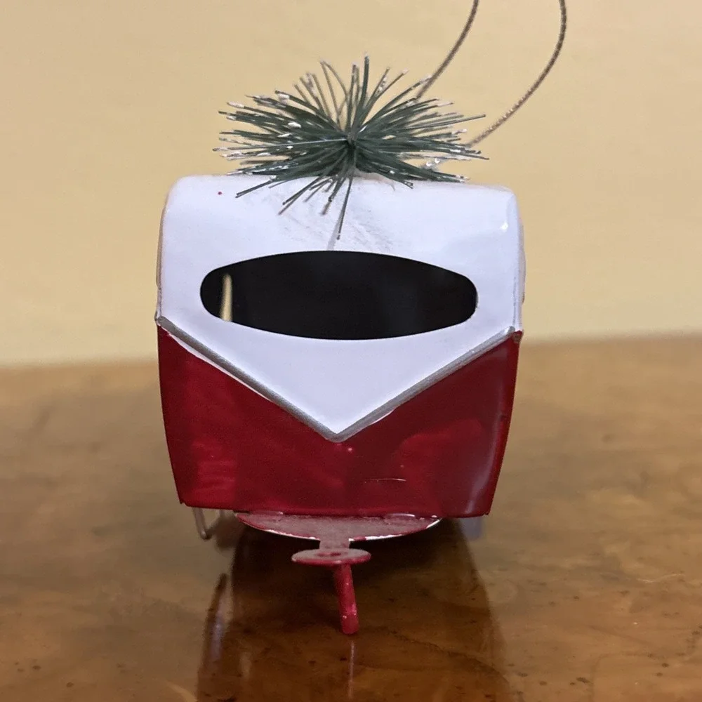 Retro Style Camper Trailer Christmas Ornament Red White Tin w/ Tree - Picture 5 of 5